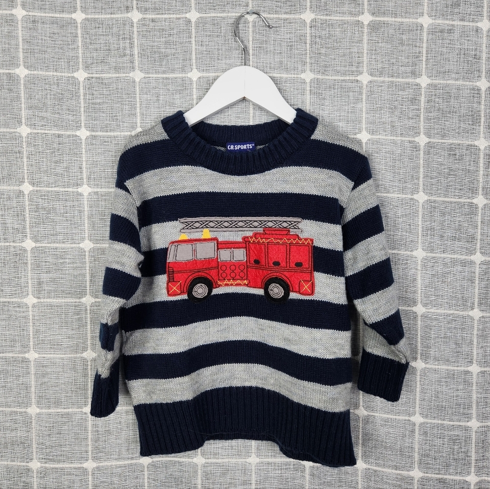 CR Sports Navy and Gray Striped Sweater with Fire Truck